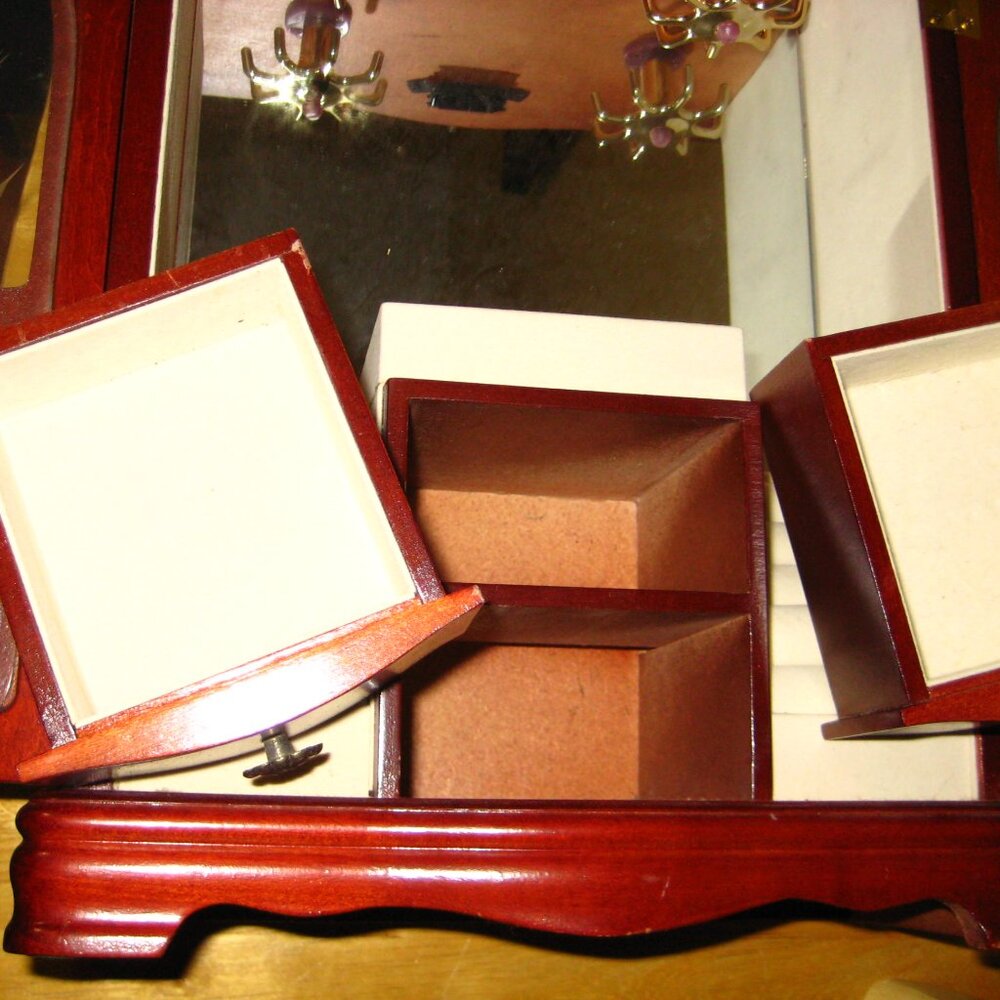 Elegant Red Wood Jewelry Cabinet with Glass Doors - Picture 4 of 9